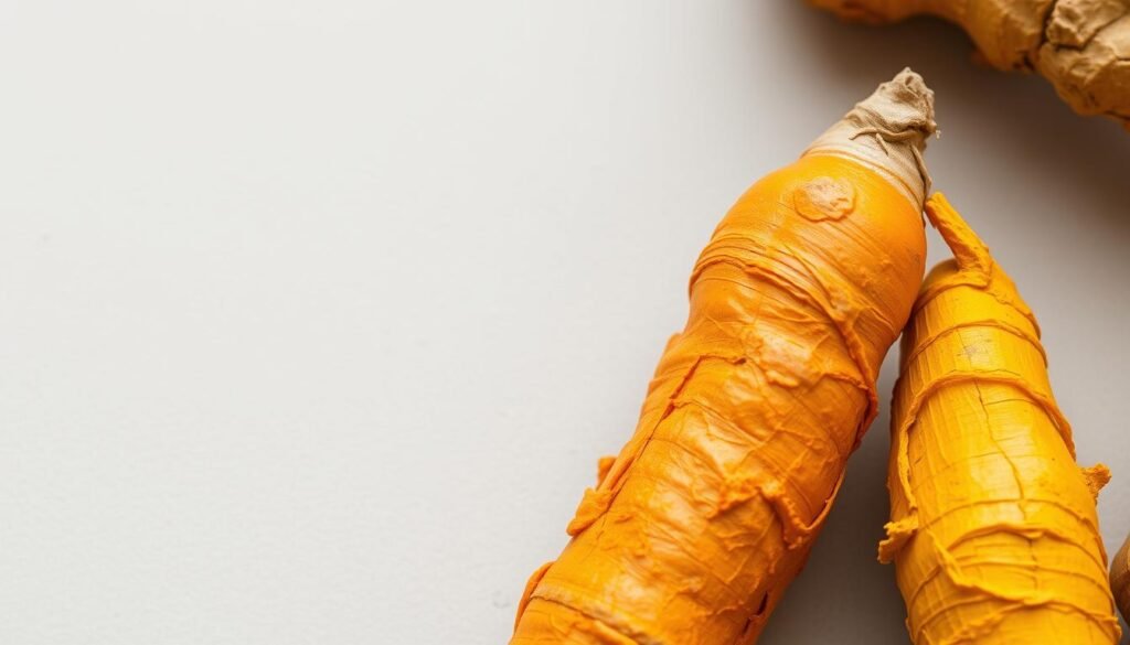 A close-up view of ginger and turmeric rhizomes, their vibrant orange and yellow hues contrasting against a neutral background. Soft, diffused lighting illuminates the textured surfaces, highlighting the intricate patterns and grooves. The arrangement showcases the raw, organic forms of these two potent botanicals, emphasizing their natural beauty and inherent medicinal properties. A sense of balance and harmony pervades the scene, inviting the viewer to appreciate the synergistic relationship between these complementary ingredients.