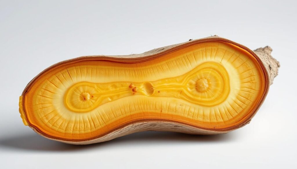 A close-up view of the cross-section of a licorice root, showcasing its intricate and vibrant internal structure. The root is displayed against a clean, white background, illuminated by soft, diffused lighting that emphasizes its natural textures and colors. The composition highlights the root's distinct layers, showcasing the contrast between the outer bark and the inner flesh, as well as any potential blemishes or discoloration that may indicate potential side effects. The image has a sense of scientific objectivity, inviting the viewer to closely examine the licorice root and understand its potential impact on blood pressure and hormonal balance. A close-up view of the cross-section of a licorice root, showcasing its intricate and vibrant internal structure. The root is displayed against a clean, white background, illuminated by soft, diffused lighting that emphasizes its natural textures and colors. The composition highlights the root's distinct layers, showcasing the contrast between the outer bark and the inner flesh, as well as any potential blemishes or discoloration that may indicate potential side effects. The image has a sense of scientific objectivity, inviting the viewer to closely examine the licorice root and understand its potential impact on blood pressure and hormonal balance.