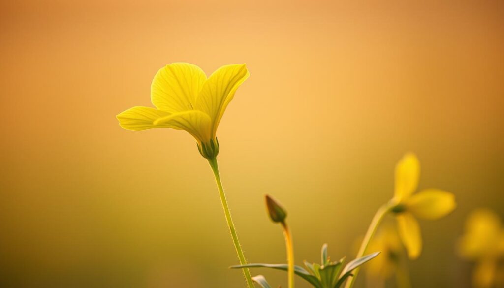 A close-up view of the evening primrose plant (Oenothera biennis), its bright yellow flowers blooming against a soft, warm background. The petals are delicately detailed, catching the gentle evening light. In the middle ground, the plant's leaves and slender stems are visible, creating a sense of depth and natural harmony. The background is hazy and out of focus, suggesting a peaceful, contemplative atmosphere. The lighting is slightly golden, evoking the tranquility of dusk. The image conveys the essence of the evening primrose, its medicinal properties, and its potential to alleviate PMS symptoms.