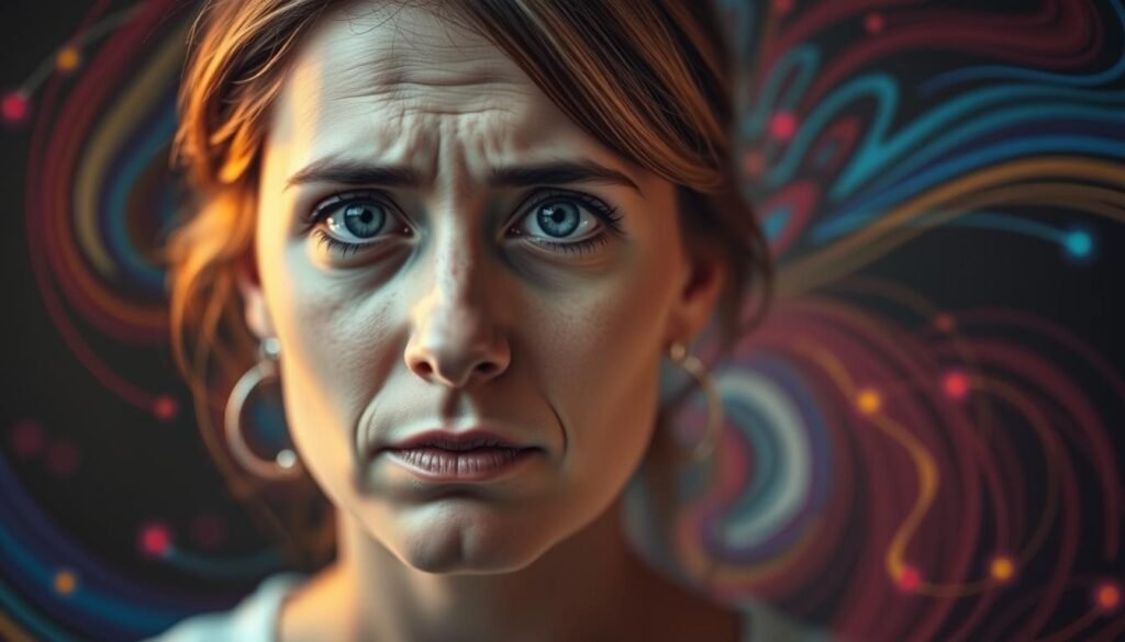 A closeup portrait of a woman in her thirties, her face illuminated by warm, soft lighting. Her expression is thoughtful, with a hint of concern. In the middle ground, a swirling, abstract background of colorful, flowing shapes and lines, representing the fluctuating hormones within her body. The background is slightly out of focus, drawing the eye to the woman's face and creating a sense of depth and introspection. The overall mood is pensive, reflecting the challenges and changes that women often face with their hormones after the age of thirty. A closeup portrait of a woman in her thirties, her face illuminated by warm, soft lighting. Her expression is thoughtful, with a hint of concern. In the middle ground, a swirling, abstract background of colorful, flowing shapes and lines, representing the fluctuating hormones within her body. The background is slightly out of focus, drawing the eye to the woman's face and creating a sense of depth and introspection. The overall mood is pensive, reflecting the challenges and changes that women often face with their hormones after the age of thirty.