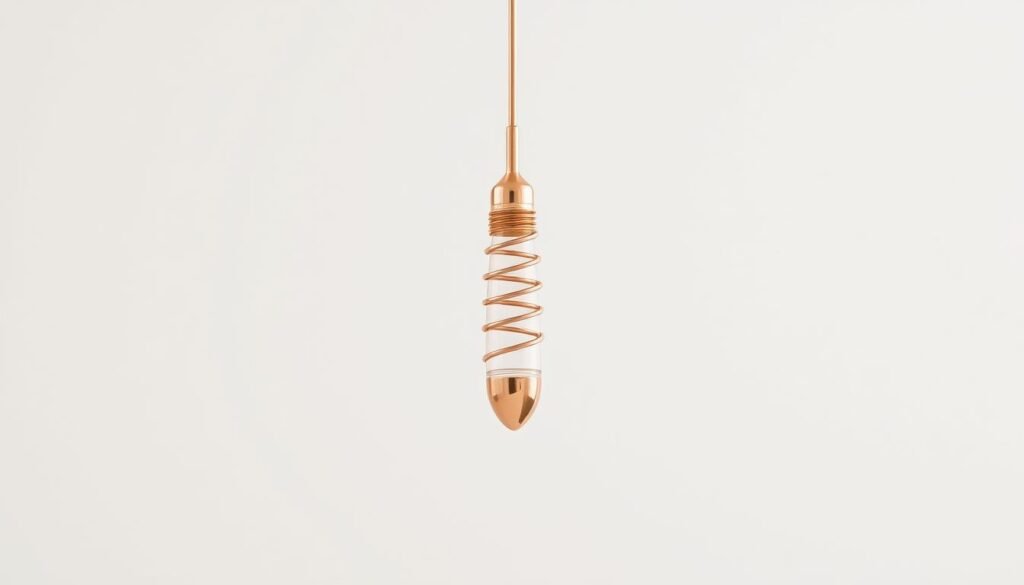 A copper intrauterine device (IUD) suspended against a clean, neutral background, with soft, natural lighting illuminating the metallic sheen of the device. The IUD should be in sharp focus, showcasing its intricate design and spiral shape, while the background remains slightly blurred to draw attention to the central subject. The overall composition should convey a sense of simplicity, elegance, and medical precision, reflecting the device's role as a long-lasting, highly effective, and hormone-free contraceptive option.