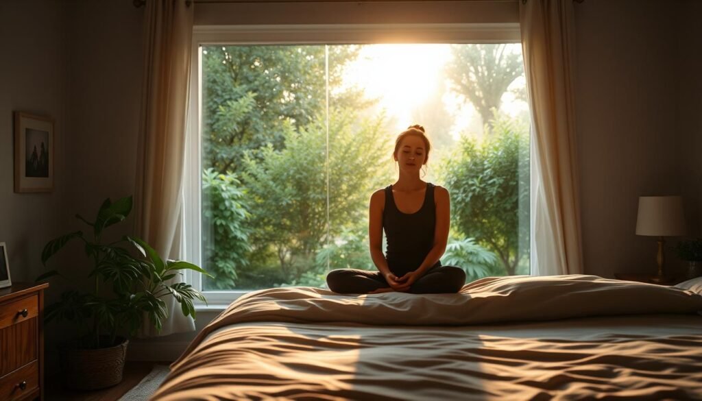 A cozy bedroom with warm, natural lighting. In the foreground, a person sitting on the edge of a neatly made bed, eyes closed, palms gently resting on their lap, radiating a sense of tranquility and inner peace. Behind them, a large window opens to a lush, verdant garden, its calming greenery and soft, diffused light creating a serene, contemplative atmosphere. The overall mood evokes a moment of mindful gratitude, a quiet reflection on the simple joys and blessings in one's life.