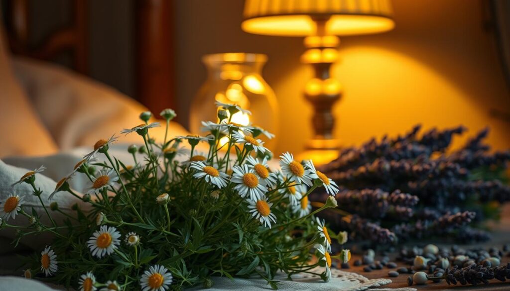 A cozy bedside table adorned with an array of sleep-inducing herbs, bathed in warm, golden light from a vintage lamp. In the foreground, lush sprigs of chamomile, their delicate white flowers and feathery leaves gently swaying. Behind them, the deep purple stalks of valerian root, their earthy aroma mingling with the floral scents. In the background, a sprinkling of lavender buds, their calming hues complementing the scene. The overall mood is one of tranquility and serenity, inviting the viewer to unwind and embrace the natural remedies for a restful night's sleep.