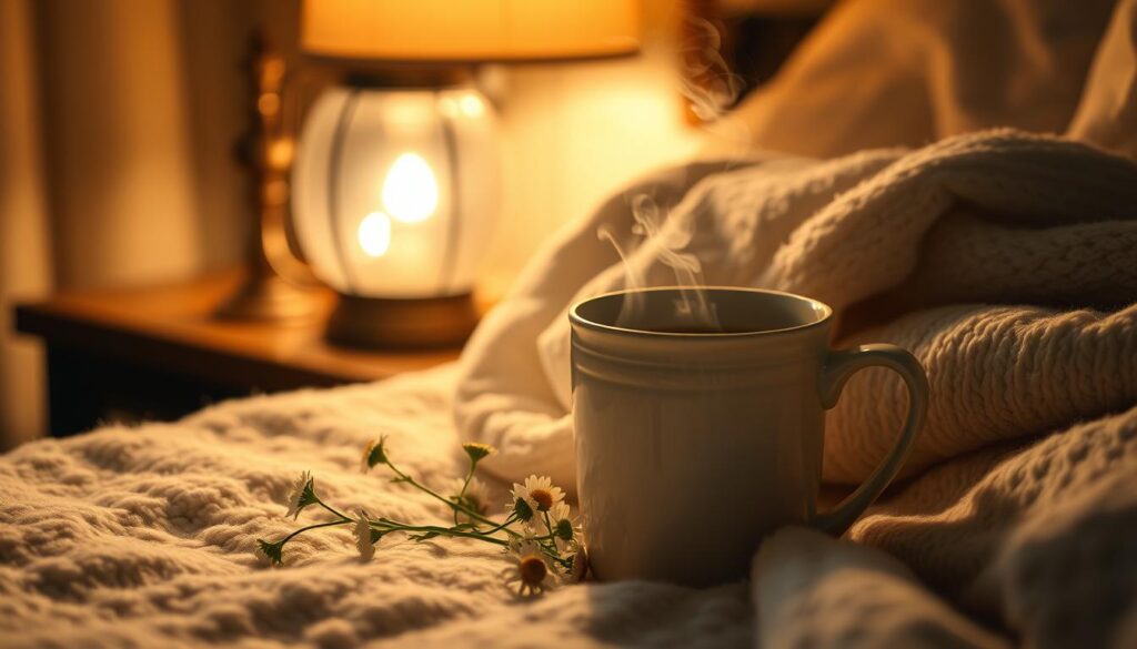 A cozy, dimly lit nightstand with a steaming mug of herbal tea, surrounded by a soft, plush blanket, a few sprigs of fresh chamomile, and a small, antique-style lamp casting a warm, comforting glow. The mug's steam curls upward, hinting at the soothing, aromatic blend within. The scene exudes a sense of tranquility and relaxation, ideal for winding down before bedtime.