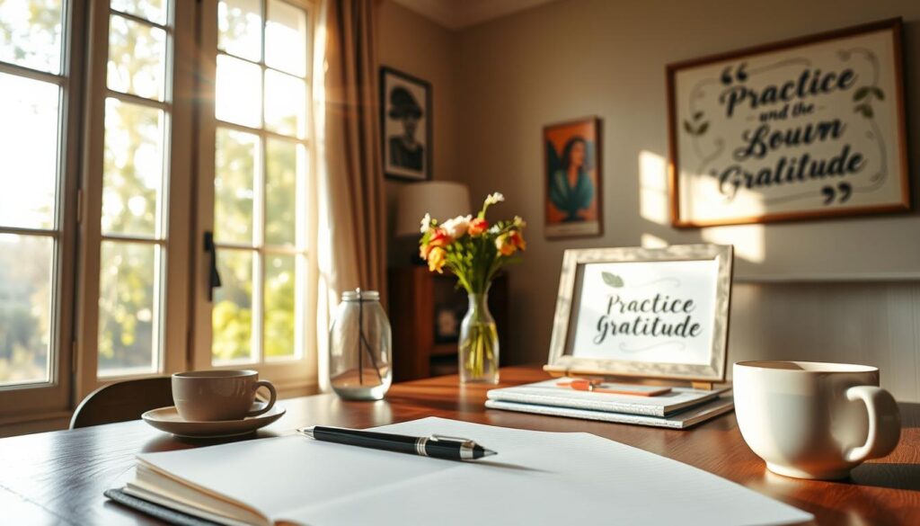 A cozy home office with an open notebook, a pen, and a cup of tea or coffee. The room is bathed in warm, natural light streaming through large windows, casting a soft, inviting glow. On the desk, a vase of fresh flowers and a small, framed reminder to "Practice Gratitude" stands as a gentle encouragement. The walls are adorned with inspirational quotes or nature-themed artwork, creating a serene and reflective atmosphere. The scene conveys a sense of mindfulness, introspection, and the daily habit of cultivating gratitude. A cozy home office with an open notebook, a pen, and a cup of tea or coffee. The room is bathed in warm, natural light streaming through large windows, casting a soft, inviting glow. On the desk, a vase of fresh flowers and a small, framed reminder to "Practice Gratitude" stands as a gentle encouragement. The walls are adorned with inspirational quotes or nature-themed artwork, creating a serene and reflective atmosphere. The scene conveys a sense of mindfulness, introspection, and the daily habit of cultivating gratitude.