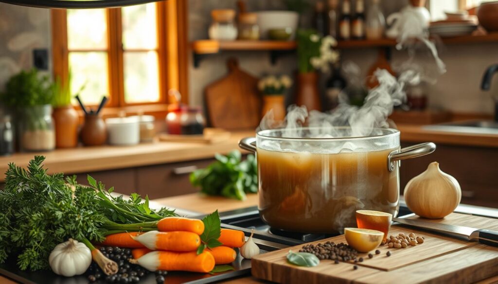 A cozy kitchen scene filled with the aroma of simmering bone broth. In the foreground, a large stockpot on the stovetop, steam rising from the fragrant liquid within. Surrounding it, an array of fresh vegetables, herbs, and spices - carrots, onions, garlic, peppercorns, and bay leaves - ready to be added. In the middle ground, a cutting board with a knife, hinting at the preparation process. The background shows a well-equipped kitchen, with shelves of jars and bottles, and a window letting in warm, natural light. The overall mood is one of homemade comfort and nourishment, inviting the viewer to imagine the soothing, restorative properties of the bone broth being prepared. A cozy kitchen scene filled with the aroma of simmering bone broth. In the foreground, a large stockpot on the stovetop, steam rising from the fragrant liquid within. Surrounding it, an array of fresh vegetables, herbs, and spices - carrots, onions, garlic, peppercorns, and bay leaves - ready to be added. In the middle ground, a cutting board with a knife, hinting at the preparation process. The background shows a well-equipped kitchen, with shelves of jars and bottles, and a window letting in warm, natural light. The overall mood is one of homemade comfort and nourishment, inviting the viewer to imagine the soothing, restorative properties of the bone broth being prepared.