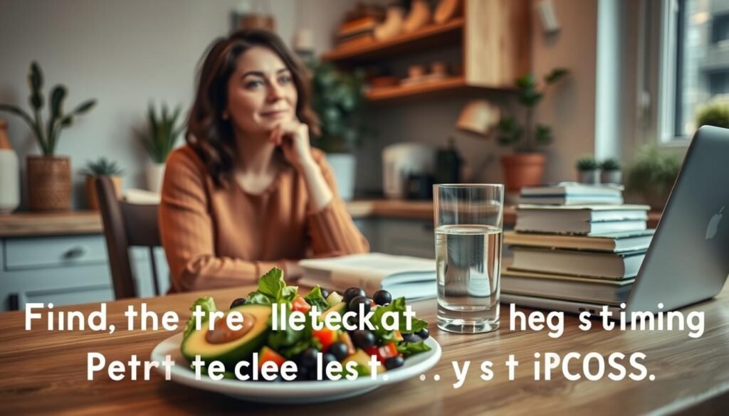 A cozy kitchen scene with a woman sitting at a table, deep in thought. In the foreground, a plate of healthy, keto-friendly PCOS-friendly food - a salad, avocado, and a glass of water. In the middle ground, a stack of books and a laptop, signifying research and learning. The background features calming natural elements like potted plants, warm lighting, and a softly blurred window view. The overall mood is contemplative, with the woman's expression conveying a sense of thoughtfulness and determination. The scene evokes a sense of finding the right dietary approach for managing PCOS, moving beyond restrictive "one-size-fits-all" solutions. A cozy kitchen scene with a woman sitting at a table, deep in thought. In the foreground, a plate of healthy, keto-friendly PCOS-friendly food - a salad, avocado, and a glass of water. In the middle ground, a stack of books and a laptop, signifying research and learning. The background features calming natural elements like potted plants, warm lighting, and a softly blurred window view. The overall mood is contemplative, with the woman's expression conveying a sense of thoughtfulness and determination. The scene evokes a sense of finding the right dietary approach for managing PCOS, moving beyond restrictive "one-size-fits-all" solutions.