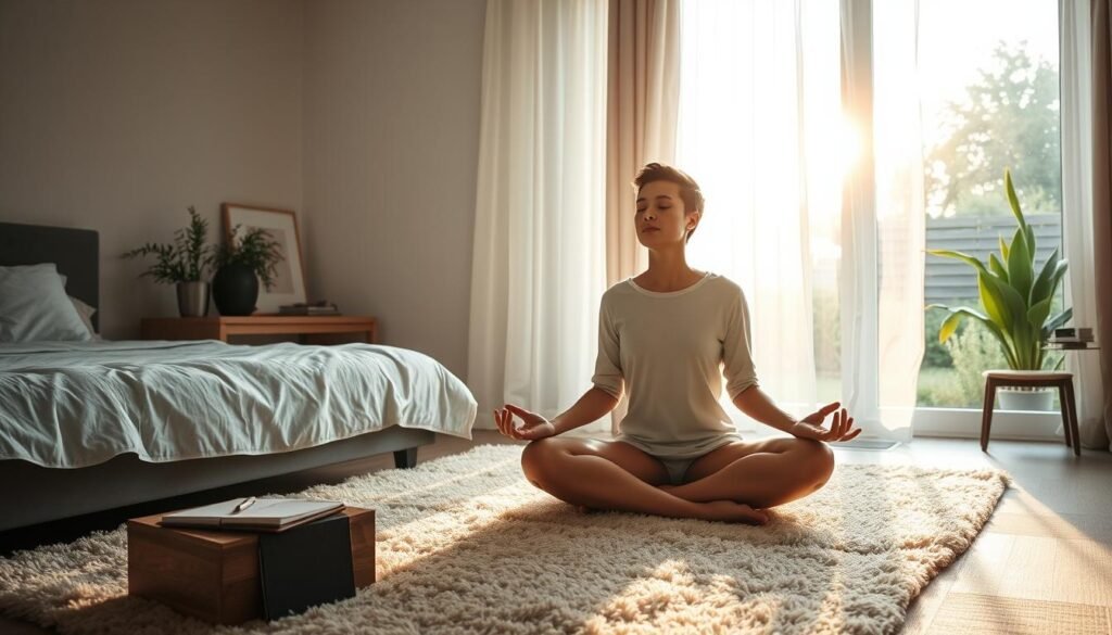 A cozy, well-lit bedroom at sunrise. In the foreground, a person sitting cross-legged on a plush rug, eyes closed, engaged in a focused meditation practice. Soft morning light filters through the sheer curtains, casting a warm glow on the scene. On a wooden nightstand, a simple journal and pen await, ready to capture the practitioner's thoughts and reflections. The background features a minimalist decor with plants, a small desk, and a window overlooking a tranquil garden. The overall atmosphere exudes a sense of calm, serenity, and a commitment to a consistent, meaningful morning routine. A cozy, well-lit bedroom at sunrise. In the foreground, a person sitting cross-legged on a plush rug, eyes closed, engaged in a focused meditation practice. Soft morning light filters through the sheer curtains, casting a warm glow on the scene. On a wooden nightstand, a simple journal and pen await, ready to capture the practitioner's thoughts and reflections. The background features a minimalist decor with plants, a small desk, and a window overlooking a tranquil garden. The overall atmosphere exudes a sense of calm, serenity, and a commitment to a consistent, meaningful morning routine.
