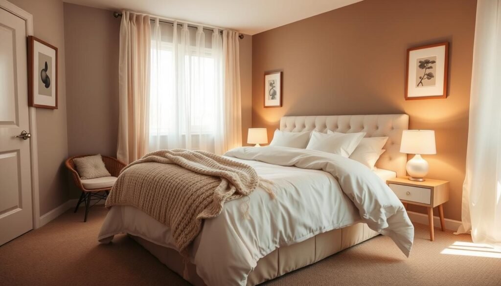 A cozy, well-lit bedroom with soft, muted tones. A large, plush bed with crisp white linens and a chunky knit blanket takes center stage. On the bedside tables, minimalist lamps cast a warm glow, complementing the natural light filtering in through sheer curtains. The walls are painted a soothing, earthy hue, adorned with simple, framed artwork. A serene atmosphere pervades, inviting relaxation and restful sleep. The scene is captured from a slightly elevated angle, conveying a sense of comfort and tranquility.