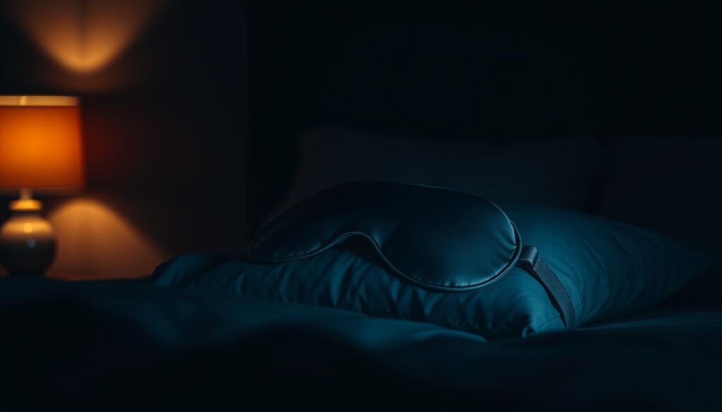 A dark, serene bedroom at night, with a silk sleep mask resting on a pillow. The mask casts a soft, diffused shadow over the pillow, blocking out any stray light and creating an atmosphere of deep, restorative sleep. The lighting is muted, with a warm, amber glow from a bedside lamp casting a gentle, soothing illumination. The background is blurred, placing the focus entirely on the sleep mask and the peaceful, relaxing environment it inhabits. The overall mood is one of tranquility and restfulness, hinting at the benefits of silk sleep masks for both sleep quality and skin health. A dark, serene bedroom at night, with a silk sleep mask resting on a pillow. The mask casts a soft, diffused shadow over the pillow, blocking out any stray light and creating an atmosphere of deep, restorative sleep. The lighting is muted, with a warm, amber glow from a bedside lamp casting a gentle, soothing illumination. The background is blurred, placing the focus entirely on the sleep mask and the peaceful, relaxing environment it inhabits. The overall mood is one of tranquility and restfulness, hinting at the benefits of silk sleep masks for both sleep quality and skin health.