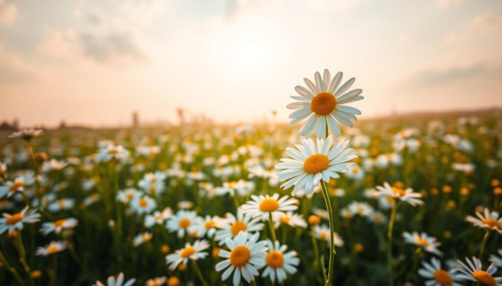 A delicate field of chamomile flowers, their petals like soft white clouds against a tranquil sky. The sun casts a warm, golden glow, illuminating the gentle nodding blooms. In the foreground, a single chamomile flower stands tall, its center a burst of sunny yellow. The scene conveys a sense of serenity and soothing calm, perfect for an article on herbal teas for relaxation and stomach soothing. The image is captured with a wide-angle lens, allowing the viewer to immerse themselves in the peaceful, natural setting. A delicate field of chamomile flowers, their petals like soft white clouds against a tranquil sky. The sun casts a warm, golden glow, illuminating the gentle nodding blooms. In the foreground, a single chamomile flower stands tall, its center a burst of sunny yellow. The scene conveys a sense of serenity and soothing calm, perfect for an article on herbal teas for relaxation and stomach soothing. The image is captured with a wide-angle lens, allowing the viewer to immerse themselves in the peaceful, natural setting.