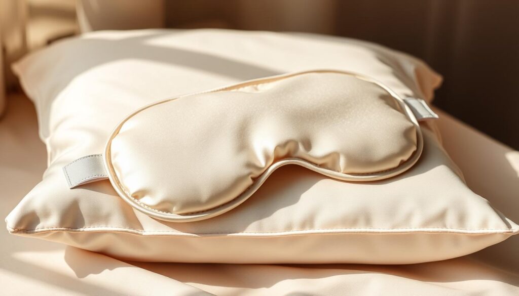 A delicate silk eye mask resting gently on a serene, ivory-colored pillow. The mask's soft, luxurious texture is accentuated by subtle highlights, creating a sense of effortless elegance. The lighting is soft and diffused, casting a warm, soothing glow that enhances the mask's natural sheen. The composition places the mask in the foreground, drawing the viewer's attention to its calming, skin-nurturing properties. The overall atmosphere evokes a sense of tranquility and relaxation, perfectly complementing the article's focus on the benefits of silk eye masks for skin health. A delicate silk eye mask resting gently on a serene, ivory-colored pillow. The mask's soft, luxurious texture is accentuated by subtle highlights, creating a sense of effortless elegance. The lighting is soft and diffused, casting a warm, soothing glow that enhances the mask's natural sheen. The composition places the mask in the foreground, drawing the viewer's attention to its calming, skin-nurturing properties. The overall atmosphere evokes a sense of tranquility and relaxation, perfectly complementing the article's focus on the benefits of silk eye masks for skin health.