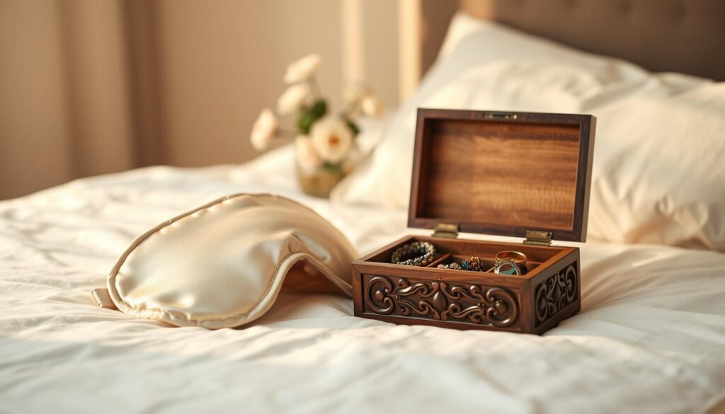 A delicate silk sleep mask resting on a soft, white cotton pillowcase. The mask's silky texture shimmers under warm, diffused lighting, creating a serene, spa-like atmosphere. In the middle ground, a wooden jewelry box with intricate carvings stands open, revealing a selection of hair accessories that complement the mask's luxurious aesthetic. In the background, a subtle floral arrangement adds a touch of natural elegance to the scene. The overall composition conveys a sense of self-care, rest, and a commitment to high-quality sleep essentials. A delicate silk sleep mask resting on a soft, white cotton pillowcase. The mask's silky texture shimmers under warm, diffused lighting, creating a serene, spa-like atmosphere. In the middle ground, a wooden jewelry box with intricate carvings stands open, revealing a selection of hair accessories that complement the mask's luxurious aesthetic. In the background, a subtle floral arrangement adds a touch of natural elegance to the scene. The overall composition conveys a sense of self-care, rest, and a commitment to high-quality sleep essentials.