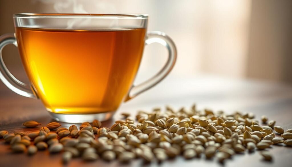 A delicate, steam-infused cup of fennel tea, its golden-amber liquid gently swirling, accented by the delicate, licorice-like aroma of fennel seeds. The foreground showcases the translucent teacup, its curved silhouette reflecting the natural light. In the middle ground, a sprinkling of whole fennel seeds, their intricate patterns and soft green hues adding a touch of earthy elegance. The background fades into a soft, warm-toned ambiance, creating a sense of calm and relaxation. The lighting is soft and diffused, casting a gentle glow on the scene, highlighting the tea's soothing and nourishing qualities. The overall atmosphere evokes a sense of tranquility and wellness, perfectly capturing the restorative power of fennel tea. A delicate, steam-infused cup of fennel tea, its golden-amber liquid gently swirling, accented by the delicate, licorice-like aroma of fennel seeds. The foreground showcases the translucent teacup, its curved silhouette reflecting the natural light. In the middle ground, a sprinkling of whole fennel seeds, their intricate patterns and soft green hues adding a touch of earthy elegance. The background fades into a soft, warm-toned ambiance, creating a sense of calm and relaxation. The lighting is soft and diffused, casting a gentle glow on the scene, highlighting the tea's soothing and nourishing qualities. The overall atmosphere evokes a sense of tranquility and wellness, perfectly capturing the restorative power of fennel tea.