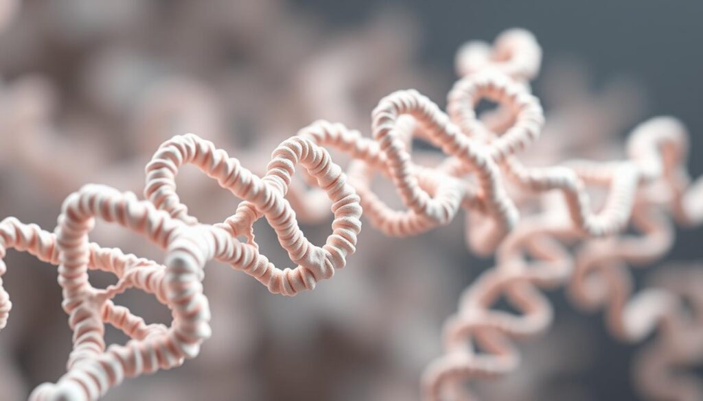 A detailed 3D rendering of a collagen protein structure, with a focus on the molecular-level intricacies. The foreground depicts the intricate triple-helix formation, showcasing the hydrogen bonding and precise amino acid arrangement that give collagen its remarkable strength and flexibility. The middle ground highlights the cross-linking between individual collagen fibrils, forming the higher-order fibrillar structure. The background features a soft, diffused lighting, emphasizing the delicate, organic nature of the biomolecular assembly. Rendered with photorealistic clarity, capturing the essential details that enable collagen's crucial role in the human body. A detailed 3D rendering of a collagen protein structure, with a focus on the molecular-level intricacies. The foreground depicts the intricate triple-helix formation, showcasing the hydrogen bonding and precise amino acid arrangement that give collagen its remarkable strength and flexibility. The middle ground highlights the cross-linking between individual collagen fibrils, forming the higher-order fibrillar structure. The background features a soft, diffused lighting, emphasizing the delicate, organic nature of the biomolecular assembly. Rendered with photorealistic clarity, capturing the essential details that enable collagen's crucial role in the human body.
