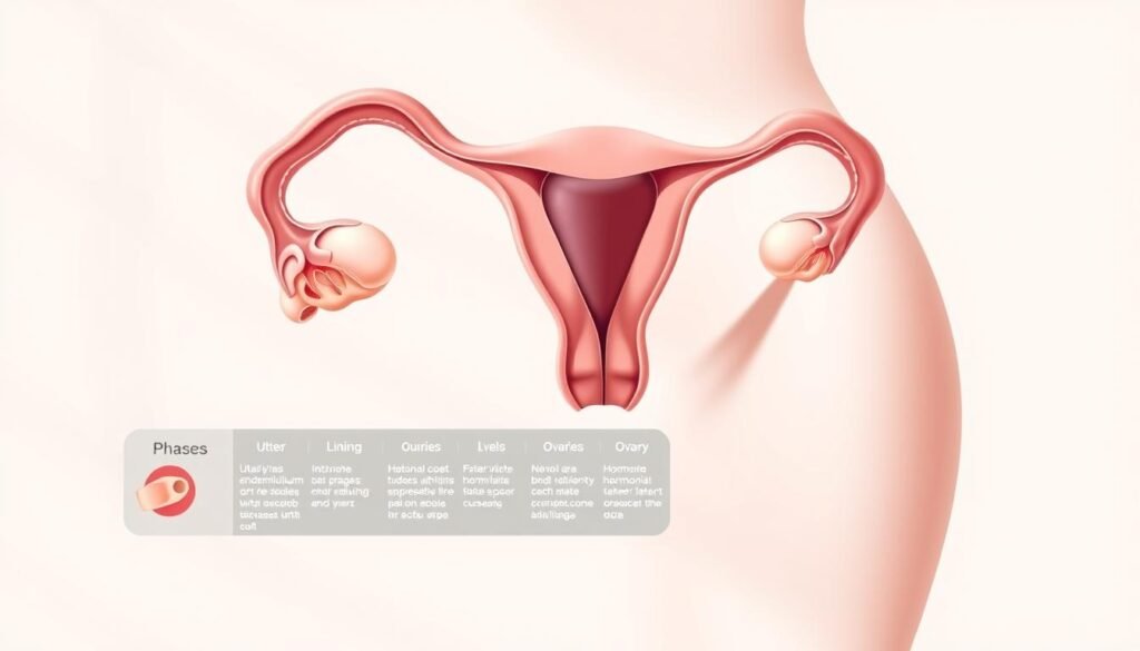 A detailed, anatomical illustration depicting the phases of the menstrual cycle. The foreground showcases the uterus with the endometrium lining, ovaries, and fallopian tubes. The middle ground features a timeline of the cycle's stages, with subtle color shifts representing hormonal fluctuations. The background is clean and minimalist, with soft, natural lighting illuminating the anatomical structures. The overall mood is informative and educational, conveying a sense of scientific understanding and female reproductive health.