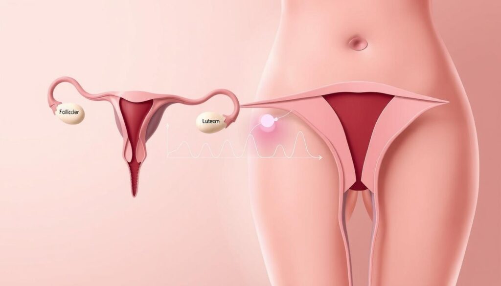 A detailed anatomical illustration of the female menstrual cycle, showcasing the follicular and luteal phases. The foreground depicts the ovaries and uterus in cross-section, with the developing follicle, ovulation, and corpus luteum formation clearly visible. The middle ground features a delicate pastel rendering of the hormonal fluctuations across the cycle, with estrogen and progesterone levels rising and falling. The background is a soft, muted gradient, allowing the medical details to take center stage. The lighting is soft and diffused, creating a clinical yet serene atmosphere. Rendered in a precise, technical style with a focus on biological accuracy to support the "Menstrual Cycle Basics" section of the article. A detailed anatomical illustration of the female menstrual cycle, showcasing the follicular and luteal phases. The foreground depicts the ovaries and uterus in cross-section, with the developing follicle, ovulation, and corpus luteum formation clearly visible. The middle ground features a delicate pastel rendering of the hormonal fluctuations across the cycle, with estrogen and progesterone levels rising and falling. The background is a soft, muted gradient, allowing the medical details to take center stage. The lighting is soft and diffused, creating a clinical yet serene atmosphere. Rendered in a precise, technical style with a focus on biological accuracy to support the "Menstrual Cycle Basics" section of the article.