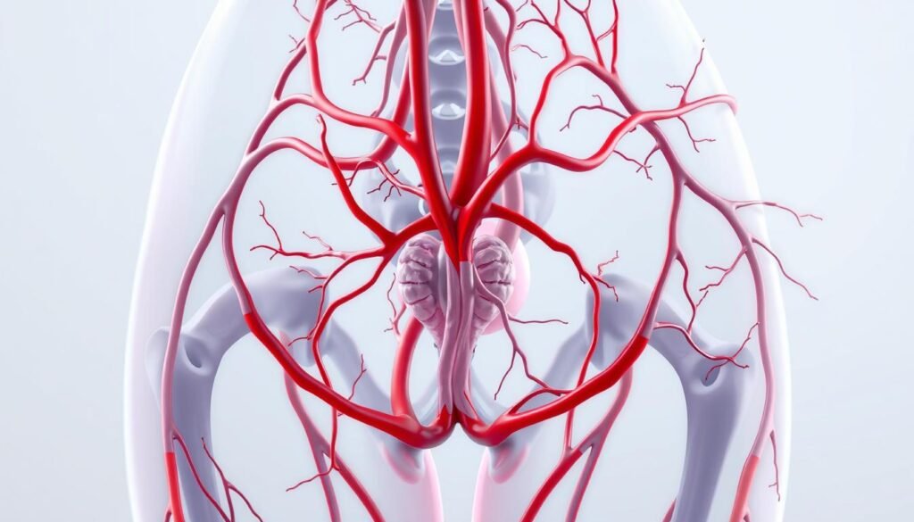 A detailed anatomical illustration of the pelvic region, showcasing the intricate network of blood vessels and arteries responsible for blood flow to the reproductive organs. The image should be rendered in a clean, scientific style with high-contrast colors to highlight the different structures. Depict the aorta, iliac arteries, and their branches supplying oxygenated blood to the uterus, ovaries, and other pelvic organs. Employ a neutral, clinical lighting setup to create a sense of depth and dimensionality, emphasizing the three-dimensional nature of the vascular system. Aim for a balanced composition that puts the pelvic blood flow at the center of attention, without distracting elements in the background. A detailed anatomical illustration of the pelvic region, showcasing the intricate network of blood vessels and arteries responsible for blood flow to the reproductive organs. The image should be rendered in a clean, scientific style with high-contrast colors to highlight the different structures. Depict the aorta, iliac arteries, and their branches supplying oxygenated blood to the uterus, ovaries, and other pelvic organs. Employ a neutral, clinical lighting setup to create a sense of depth and dimensionality, emphasizing the three-dimensional nature of the vascular system. Aim for a balanced composition that puts the pelvic blood flow at the center of attention, without distracting elements in the background.