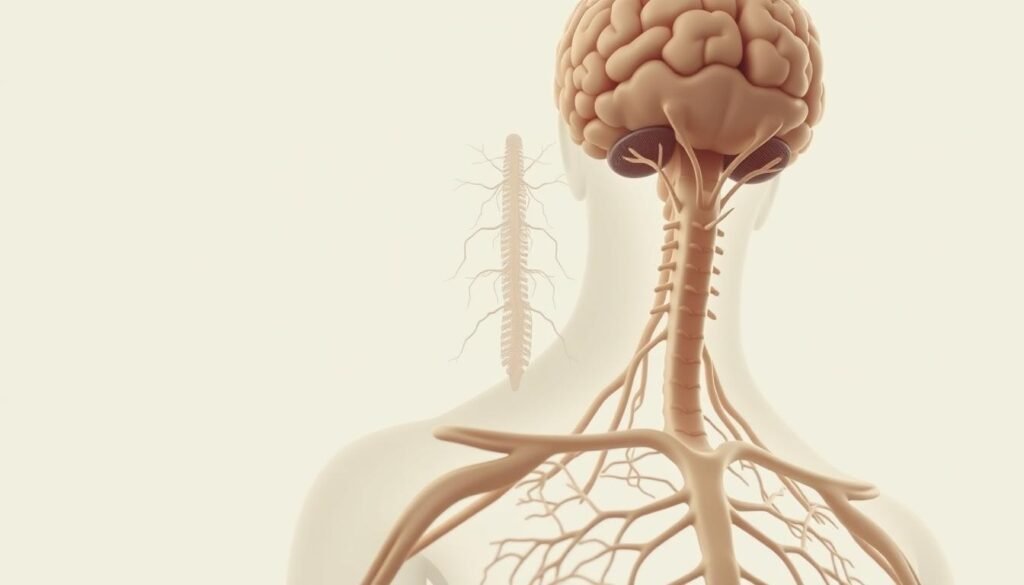 A detailed, anatomically accurate illustration of the human nervous system, captured in a clean, minimalist style. The foreground depicts the central nervous system, including the brain and spinal cord, rendered in soft, muted tones to convey a sense of calm and focus. The middle ground showcases the intricate network of nerves branching out from the spinal cord, captured with a crisp, high-resolution lens to highlight the delicate structure. The background features a subtle, uniform gradient, allowing the nervous system elements to take center stage. The overall mood is one of contemplation and scientific inquiry, inviting the viewer to explore the complexities of the human body.