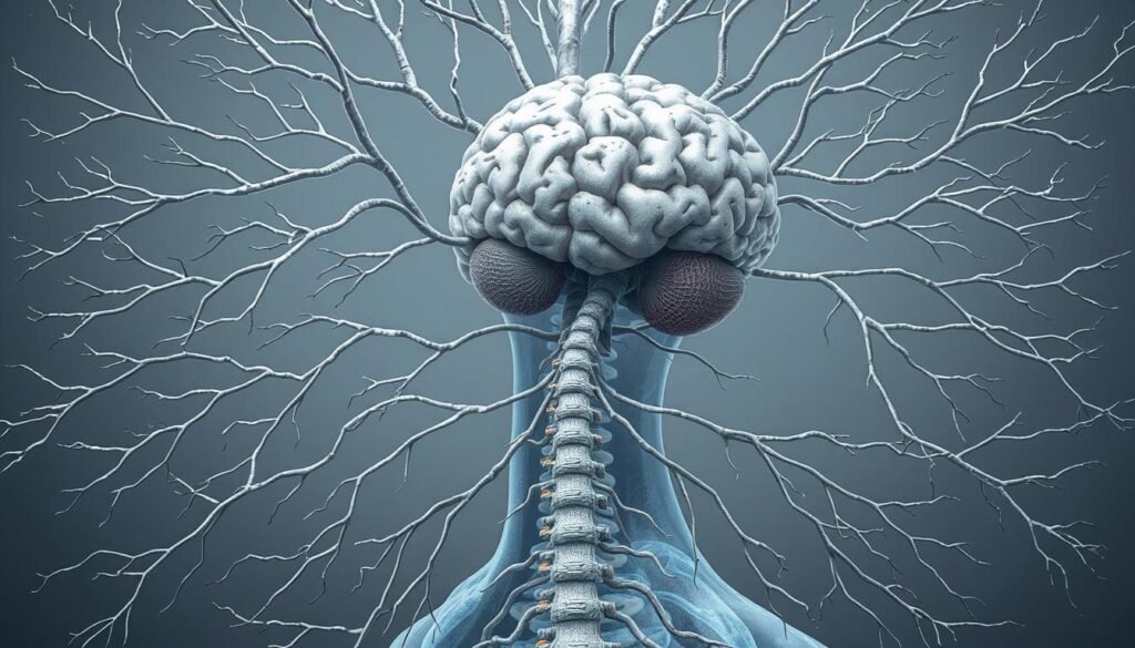 A detailed, anatomically accurate illustration of the human nervous system, capturing the intricate network of nerves, ganglia, and the central nervous system. The image should convey a sense of complexity and interconnectedness, with the spinal cord and brain prominently featured. Utilize a neutral, scientific color palette, with shades of gray, blue, and white. Incorporate realistic textures and subtle lighting to enhance the sense of depth and dimensionality. The overall mood should be one of contemplation and the importance of maintaining a healthy nervous system. The composition should be balanced and visually engaging, drawing the viewer's attention to the key elements of the nervous system. A detailed, anatomically accurate illustration of the human nervous system, capturing the intricate network of nerves, ganglia, and the central nervous system. The image should convey a sense of complexity and interconnectedness, with the spinal cord and brain prominently featured. Utilize a neutral, scientific color palette, with shades of gray, blue, and white. Incorporate realistic textures and subtle lighting to enhance the sense of depth and dimensionality. The overall mood should be one of contemplation and the importance of maintaining a healthy nervous system. The composition should be balanced and visually engaging, drawing the viewer's attention to the key elements of the nervous system.