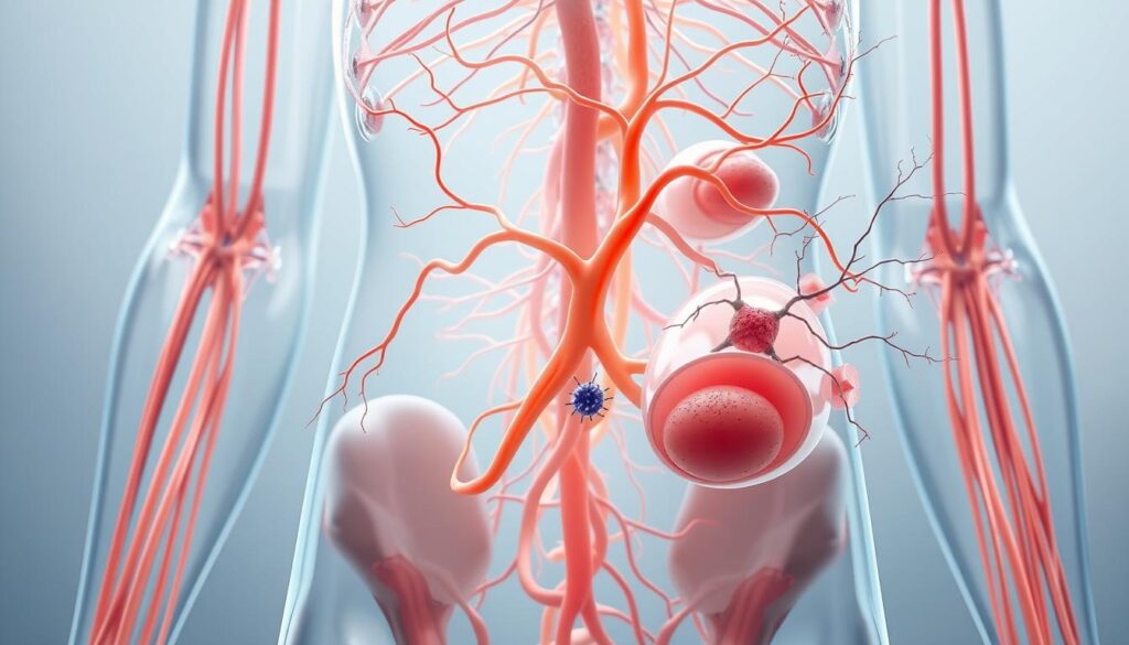 A detailed, anatomically accurate rendering of the human lymphatic system, showcasing its intricate network of vessels, lymph nodes, and lymphatic organs. The composition features a midsection view, with the lymphatic elements presented in a transparent, layered manner, allowing the viewer to clearly observe their interconnected structure and function. The scene is bathed in a soft, diffuse lighting, creating a serene, educational atmosphere. The level of detail and scientific accuracy is suitable for illustrating the section on how the lymphatic system operates as the body's cleanup and immune communication network. A detailed, anatomically accurate rendering of the human lymphatic system, showcasing its intricate network of vessels, lymph nodes, and lymphatic organs. The composition features a midsection view, with the lymphatic elements presented in a transparent, layered manner, allowing the viewer to clearly observe their interconnected structure and function. The scene is bathed in a soft, diffuse lighting, creating a serene, educational atmosphere. The level of detail and scientific accuracy is suitable for illustrating the section on how the lymphatic system operates as the body's cleanup and immune communication network.