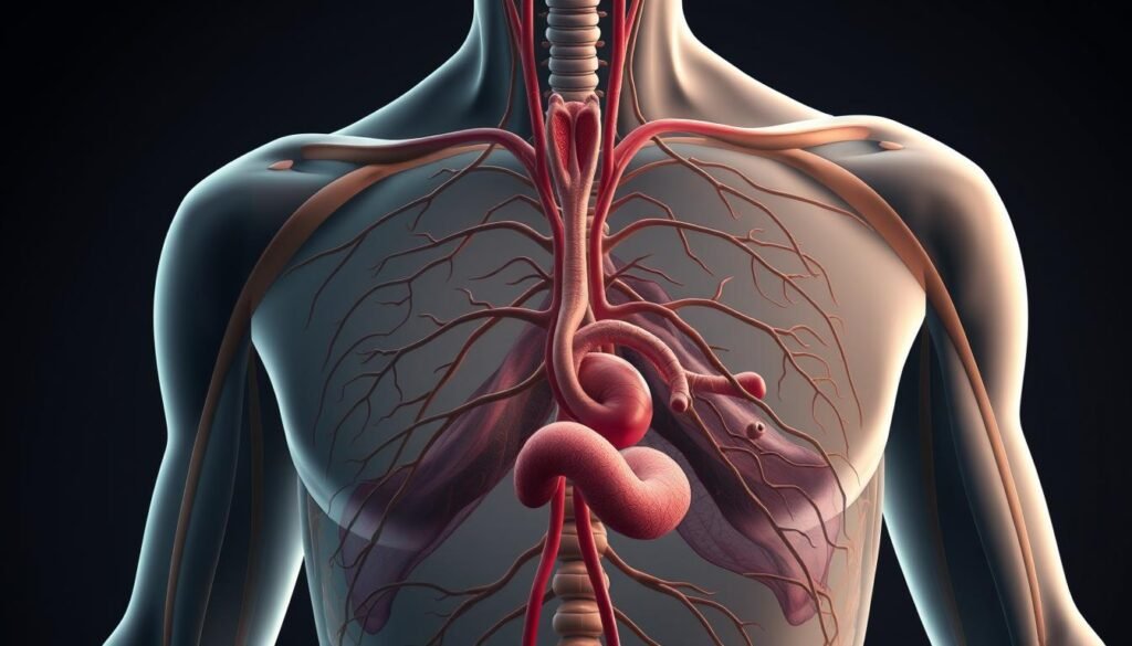 A detailed and anatomically-accurate illustration of the human endocrine system, showcasing the glands and their intricate connections. The image should be rendered in a clean, scientific style with a muted color palette, capturing the complexity and importance of this vital physiological system. The composition should feature a central focus on the key endocrine glands, such as the pituitary, thyroid, adrenal, and reproductive glands, with their relative positions and sizes accurately depicted. The lighting should create a sense of depth and dimensionality, highlighting the three-dimensional nature of the anatomy. The overall mood should convey a sense of balance, harmony, and the delicate equilibrium maintained by the endocrine system. A detailed and anatomically-accurate illustration of the human endocrine system, showcasing the glands and their intricate connections. The image should be rendered in a clean, scientific style with a muted color palette, capturing the complexity and importance of this vital physiological system. The composition should feature a central focus on the key endocrine glands, such as the pituitary, thyroid, adrenal, and reproductive glands, with their relative positions and sizes accurately depicted. The lighting should create a sense of depth and dimensionality, highlighting the three-dimensional nature of the anatomy. The overall mood should convey a sense of balance, harmony, and the delicate equilibrium maintained by the endocrine system.