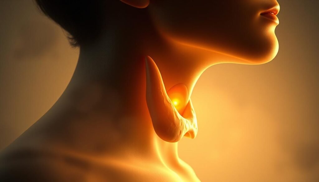A detailed and anatomically accurate illustration of the human thyroid gland, suspended in a serene, introspective atmosphere. The gland is rendered with a soft, naturalistic texture, capturing its delicate, essential nature. Diffused lighting from the side bathes the subject in a warm, golden glow, creating a sense of internal luminescence. The background is a muted, misty gradient, drawing the viewer's focus to the central subject. The overall composition conveys a sense of calm, balance, and the vital importance of this endocrine powerhouse within the body. A detailed and anatomically accurate illustration of the human thyroid gland, suspended in a serene, introspective atmosphere. The gland is rendered with a soft, naturalistic texture, capturing its delicate, essential nature. Diffused lighting from the side bathes the subject in a warm, golden glow, creating a sense of internal luminescence. The background is a muted, misty gradient, drawing the viewer's focus to the central subject. The overall composition conveys a sense of calm, balance, and the vital importance of this endocrine powerhouse within the body.