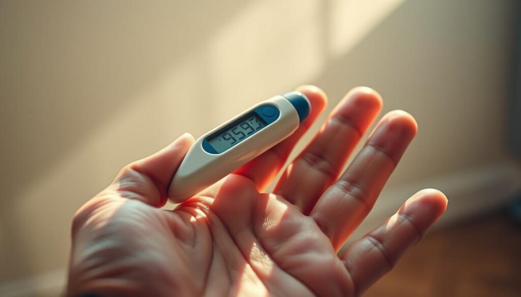 A detailed close-up view of a human hand holding a digital thermometer, displaying a body temperature reading. The thermometer is in the center of the frame, with the fingers and palm surrounding it. The lighting is warm and natural, creating soft shadows that accentuate the textures of the skin. The background is blurred, but hints at a clean, minimalist setting, allowing the thermometer and hand to be the focal point. The overall tone is one of clinical precision and personal health monitoring, conveying the importance of body temperature in understanding one's overall well-being.
