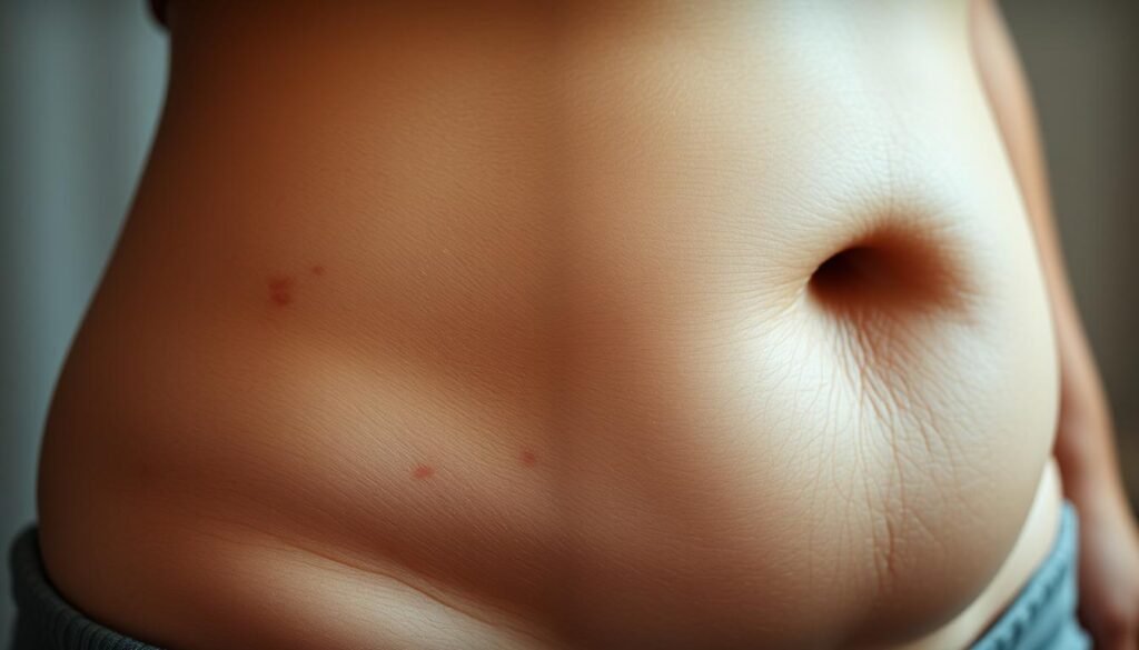 A detailed, close-up view of a person's abdomen, showcasing common symptoms associated with triphala imbalance. The skin appears slightly distended, with a subtle reddish hue and mild discoloration. The texture is slightly uneven, with a slightly bloated appearance. The lighting is soft and diffused, creating a warm, natural tone that highlights the contours of the abdomen. The angle is slightly angled, providing a candid, personal perspective. The background is blurred and muted, keeping the focus on the central subject. The overall mood is contemplative and introspective, conveying the subject's quest for digestive harmony. A detailed, close-up view of a person's abdomen, showcasing common symptoms associated with triphala imbalance. The skin appears slightly distended, with a subtle reddish hue and mild discoloration. The texture is slightly uneven, with a slightly bloated appearance. The lighting is soft and diffused, creating a warm, natural tone that highlights the contours of the abdomen. The angle is slightly angled, providing a candid, personal perspective. The background is blurred and muted, keeping the focus on the central subject. The overall mood is contemplative and introspective, conveying the subject's quest for digestive harmony.
