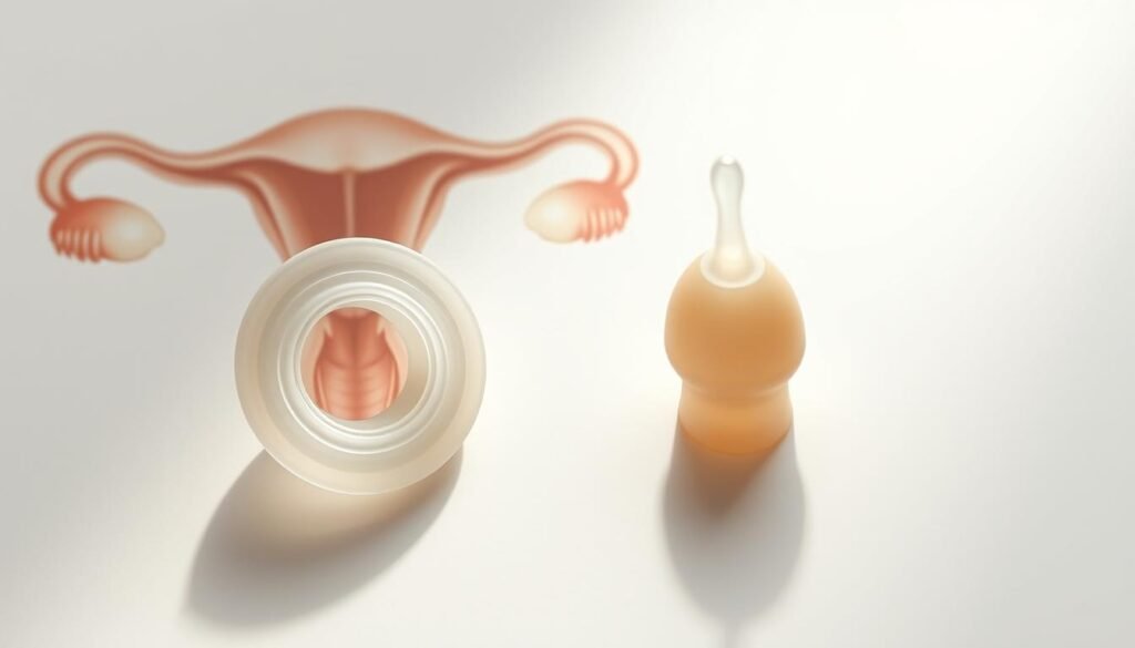 A detailed cross-section diagram showcasing a diaphragm and cervical cap contraceptive devices. The diaphragm is prominently displayed in the foreground, made of a flexible silicone material with a rigid rim. The cervical cap is shown in the middle ground, a smaller silicone cup designed to fit snugly over the cervix. Both devices are surrounded by an anatomically accurate illustration of the female reproductive system, including the uterus, fallopian tubes, and ovaries, rendered in a clean, technical style with muted colors. Subtle lighting from the side casts soft shadows, emphasizing the smooth contours and precise engineering of these reusable barrier contraceptives. The overall mood is informative and clinical, conveying the effectiveness and ease of use of these non-hormonal birth control options.