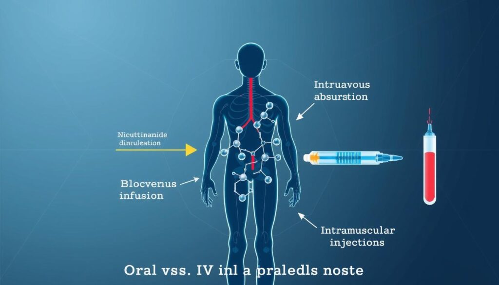 A detailed cross-section diagram showcasing the bioavailability of NAD (nicotinamide adenine dinucleotide) through various administration routes. In the foreground, a stylized human figure representing the body, with arrows pointing to the different absorption pathways - oral consumption, intravenous (IV) infusion, and intramuscular injection. The middle ground features a molecular structure of NAD, rendered in intricate detail, along with visual cues depicting the relative absorption rates and bioavailability for each method. The background showcases a subtle, minimalist geometric pattern, evoking a sense of scientific precision and technical elegance. The overall composition should convey a clear, informative, and visually striking illustration of the topic, suitable for use in the "Oral vs. IV vs. Injections: Bioavailability and Evidence" section of the article. A detailed cross-section diagram showcasing the bioavailability of NAD (nicotinamide adenine dinucleotide) through various administration routes. In the foreground, a stylized human figure representing the body, with arrows pointing to the different absorption pathways - oral consumption, intravenous (IV) infusion, and intramuscular injection. The middle ground features a molecular structure of NAD, rendered in intricate detail, along with visual cues depicting the relative absorption rates and bioavailability for each method. The background showcases a subtle, minimalist geometric pattern, evoking a sense of scientific precision and technical elegance. The overall composition should convey a clear, informative, and visually striking illustration of the topic, suitable for use in the "Oral vs. IV vs. Injections: Bioavailability and Evidence" section of the article.
