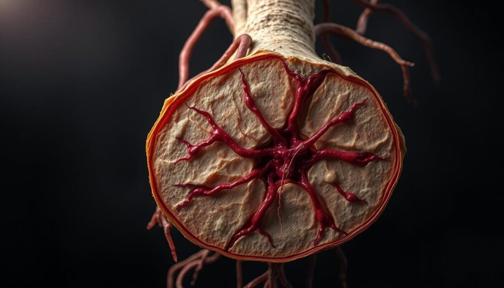 A detailed cross-section of licorice root intertwined with blood vessels, capillaries, and nerve endings, captured in a high-resolution, photorealistic style with a moody, chiaroscuro lighting. The foreground showcases the intricate textures and anatomical structures of the licorice root, while the middle ground reveals the intricate network of blood vessels and nerves. The background fades into a subtle, atmospheric gradient, emphasizing the interconnectedness of the root system and the body's internal systems. The overall composition conveys a sense of complexity, vulnerability, and the potential for both beneficial and detrimental interactions. A detailed cross-section of licorice root intertwined with blood vessels, capillaries, and nerve endings, captured in a high-resolution, photorealistic style with a moody, chiaroscuro lighting. The foreground showcases the intricate textures and anatomical structures of the licorice root, while the middle ground reveals the intricate network of blood vessels and nerves. The background fades into a subtle, atmospheric gradient, emphasizing the interconnectedness of the root system and the body's internal systems. The overall composition conveys a sense of complexity, vulnerability, and the potential for both beneficial and detrimental interactions.