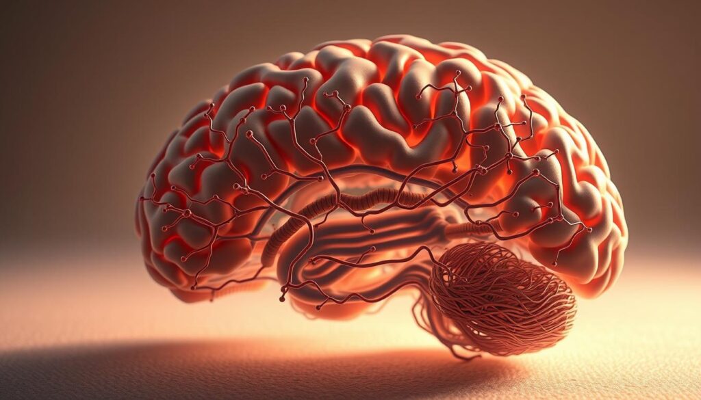 A detailed cross-section of the brain's GABA pathways, showcasing the intricate network of inhibitory neurons and neurotransmitter receptors. The scene is illuminated by soft, diffused lighting, creating a serene, scientific atmosphere. The foreground depicts the complex branching of GABAergic axons, while the middle ground reveals the distribution of GABA receptors across various brain regions. The background features a subtle, textured gradient, hinting at the broader context of the brain's architecture. The overall composition emphasizes the elegance and importance of the GABA system in regulating neural activity and promoting restful states.