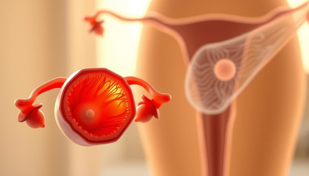 A detailed cross-section of the female reproductive system, showcasing the follicular phase. In the foreground, a vibrant, high-resolution illustration of the ovarian follicles, their gradual development, and the maturing oocyte (egg) within. The middle ground depicts the uterus, with the endometrium thickening in preparation for implantation. In the background, a softly blurred representation of the fallopian tube, capturing the intricate network of cilia that guide the egg towards fertilization. Warm, natural lighting casts a gentle glow, creating a serene, educational atmosphere. Precise anatomical accuracy, with a clean, minimalist aesthetic to emphasize the scientific nature of the subject. A detailed cross-section of the female reproductive system, showcasing the follicular phase. In the foreground, a vibrant, high-resolution illustration of the ovarian follicles, their gradual development, and the maturing oocyte (egg) within. The middle ground depicts the uterus, with the endometrium thickening in preparation for implantation. In the background, a softly blurred representation of the fallopian tube, capturing the intricate network of cilia that guide the egg towards fertilization. Warm, natural lighting casts a gentle glow, creating a serene, educational atmosphere. Precise anatomical accuracy, with a clean, minimalist aesthetic to emphasize the scientific nature of the subject.