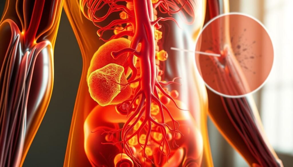 A detailed cross-section of the human body, highlighting the metabolic processes involved in fat loss. In the foreground, a vibrant visualization of mitochondria, the "powerhouses" of cells, working tirelessly to convert fat into energy. In the middle ground, a network of blood vessels and capillaries, illustrating the circulation and distribution of nutrients. In the background, a subtle representation of brown adipose tissue, known for its thermogenic properties and role in boosting metabolism. The scene is bathed in a warm, golden light, conveying a sense of efficiency and vitality, as if the body's natural mechanisms for fat reduction are in perfect harmony. A detailed cross-section of the human body, highlighting the metabolic processes involved in fat loss. In the foreground, a vibrant visualization of mitochondria, the "powerhouses" of cells, working tirelessly to convert fat into energy. In the middle ground, a network of blood vessels and capillaries, illustrating the circulation and distribution of nutrients. In the background, a subtle representation of brown adipose tissue, known for its thermogenic properties and role in boosting metabolism. The scene is bathed in a warm, golden light, conveying a sense of efficiency and vitality, as if the body's natural mechanisms for fat reduction are in perfect harmony.