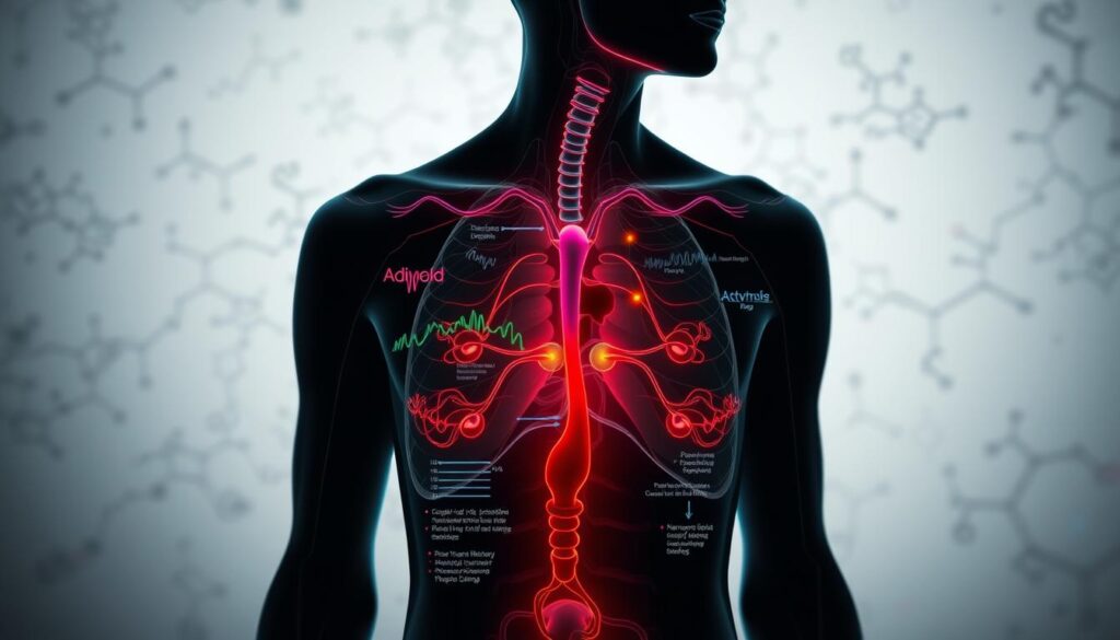 A detailed cross-section of the human endocrine system, illuminated by soft, diffused lighting that casts subtle shadows. In the foreground, a clear visualization of the fluctuating levels of key hormones like estrogen, progesterone, and testosterone, represented by dynamic, colorful graphs and charts. The middle ground features anatomical illustrations of the pituitary, thyroid, adrenal, and reproductive glands, their intricate structures and interconnections. In the background, a muted, scientific backdrop of molecular structures and chemical formulae, evoking the complex biochemical processes underlying hormonal regulation. The overall composition conveys a sense of depth, balance, and the holistic nature of the endocrine system. A detailed cross-section of the human endocrine system, illuminated by soft, diffused lighting that casts subtle shadows. In the foreground, a clear visualization of the fluctuating levels of key hormones like estrogen, progesterone, and testosterone, represented by dynamic, colorful graphs and charts. The middle ground features anatomical illustrations of the pituitary, thyroid, adrenal, and reproductive glands, their intricate structures and interconnections. In the background, a muted, scientific backdrop of molecular structures and chemical formulae, evoking the complex biochemical processes underlying hormonal regulation. The overall composition conveys a sense of depth, balance, and the holistic nature of the endocrine system.