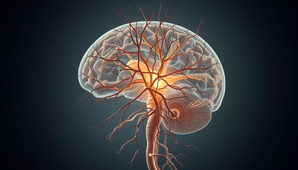 A detailed cross-section of the human nervous system, showcasing the intricate network of neurons, synapses, and neural pathways. Rendered with a muted color palette and soft, diffused lighting to convey the delicate and interconnected nature of the mind-body connection. The image should have a sense of depth, allowing the viewer to explore the various layers of the nervous system, from the spinal cord to the brain, highlighting the complex interactions that shape our emotional experiences.