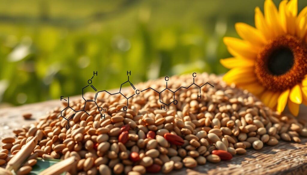 A detailed, high-resolution image of lignans, organic chemical compounds found in various plant-based foods. The lignans appear in the foreground, their molecular structures and chemical diagrams clearly visible. The middle ground showcases a variety of whole, unprocessed seeds, such as flax, sesame, and sunflower, from which the lignans are derived. The background features a soft, blurred landscape of lush greenery, conveying the natural, botanical origins of these compounds. Warm, natural lighting casts a gentle glow, emphasizing the earthy, wholesome nature of the subject. The overall atmosphere is one of scientific study and nutritional education. A detailed, high-resolution image of lignans, organic chemical compounds found in various plant-based foods. The lignans appear in the foreground, their molecular structures and chemical diagrams clearly visible. The middle ground showcases a variety of whole, unprocessed seeds, such as flax, sesame, and sunflower, from which the lignans are derived. The background features a soft, blurred landscape of lush greenery, conveying the natural, botanical origins of these compounds. Warm, natural lighting casts a gentle glow, emphasizing the earthy, wholesome nature of the subject. The overall atmosphere is one of scientific study and nutritional education.