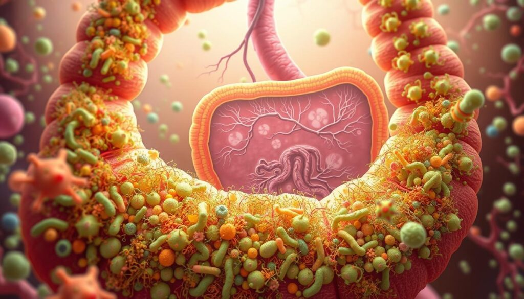 A detailed illustration of the human gut microbiome, showcasing a vibrant and diverse ecosystem of microscopic organisms. In the foreground, a close-up view of the intestinal lining, teeming with a vast array of probiotic bacteria, yeasts, and other beneficial microbes. The middle ground features a cross-section of the gut, revealing the intricate network of blood vessels and nerve endings that facilitate the absorption and distribution of nutrients. In the background, a visually striking representation of the complex interactions and interdependencies between the gut microbiome and overall human health, conveying the vital role of probiotics in maintaining a balanced and thriving microbial community. Rendered with a warm, naturalistic color palette and soft, diffused lighting to create a sense of depth and biological wonder. A detailed illustration of the human gut microbiome, showcasing a vibrant and diverse ecosystem of microscopic organisms. In the foreground, a close-up view of the intestinal lining, teeming with a vast array of probiotic bacteria, yeasts, and other beneficial microbes. The middle ground features a cross-section of the gut, revealing the intricate network of blood vessels and nerve endings that facilitate the absorption and distribution of nutrients. In the background, a visually striking representation of the complex interactions and interdependencies between the gut microbiome and overall human health, conveying the vital role of probiotics in maintaining a balanced and thriving microbial community. Rendered with a warm, naturalistic color palette and soft, diffused lighting to create a sense of depth and biological wonder.