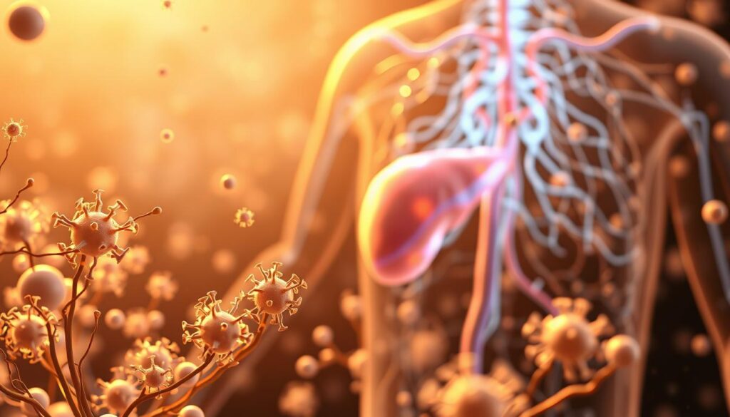 A detailed illustration of the human immune system providing support and protection. In the foreground, glowing white blood cells and lymphocytes work together, surrounded by a network of lymphatic vessels and nodes. In the middle ground, a vibrant spleen filters blood, while the thymus gland produces T cells. In the background, a softly blurred representation of the lymphatic system, with its intricate web of lymph ducts and organs. The lighting is warm and natural, creating a sense of vitality and resilience. The scene conveys the power and interconnectedness of the lymphatic and immune systems, ready to defend the body. A detailed illustration of the human immune system providing support and protection. In the foreground, glowing white blood cells and lymphocytes work together, surrounded by a network of lymphatic vessels and nodes. In the middle ground, a vibrant spleen filters blood, while the thymus gland produces T cells. In the background, a softly blurred representation of the lymphatic system, with its intricate web of lymph ducts and organs. The lighting is warm and natural, creating a sense of vitality and resilience. The scene conveys the power and interconnectedness of the lymphatic and immune systems, ready to defend the body.