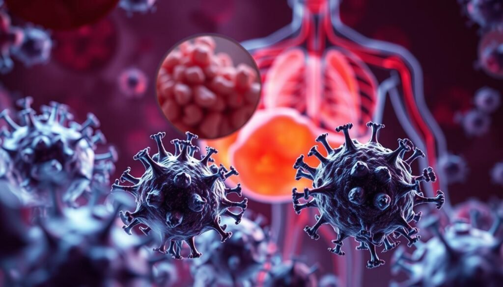 A detailed illustration of the immune system's inflammatory response. In the foreground, a cluster of immune cells, including macrophages and neutrophils, actively engaged in the process of inflammation. Surrounding them, a network of blood vessels and signaling molecules, conveying the complex interplay between the vascular and immune systems. In the middle ground, a magnified view of inflamed tissue, with redness, swelling, and increased blood flow. In the background, a subdued anatomical rendering, highlighting the intricate physiological mechanisms underlying this vital defense mechanism. Rendered with a scientific, realistic style using cinematic lighting and a shallow depth of field to draw the viewer's attention to the key elements.