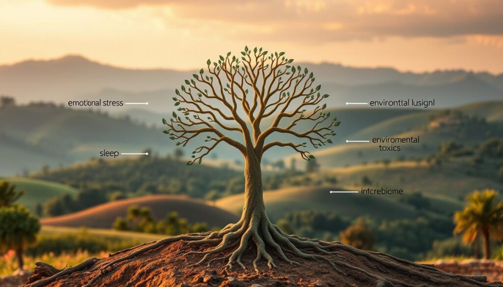 A detailed illustration of the underlying factors contributing to hormonal imbalances in women. In the foreground, a central tree-like structure representing the root causes, its branches extending outward to reveal a interconnected web of elements - emotional stress, poor diet, lack of sleep, environmental toxins, and imbalanced gut microbiome. The middle ground showcases a serene, earthy backdrop of gently rolling hills, lush greenery, and a softly lit sky. Lighting is warm and natural, with a sense of balance and harmony. The composition conveys a holistic, Ayurvedic approach to understanding and addressing the multifaceted roots of female hormonal challenges.