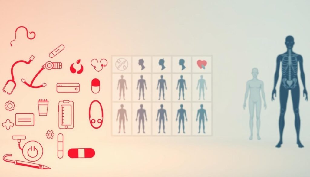 A detailed illustration of various medical symptoms and health indicators, depicted in a clean, minimalist style. In the foreground, a collection of anatomical icons representing common ailments such as a thermometer, stethoscope, bandage, and a capsule. In the middle ground, a subtle grid of human body silhouettes, each highlighting different areas of concern. The background is a neutral, calming palette that allows the medical symbols to take center stage. The lighting is soft and diffuse, creating a serene, clinical atmosphere. The camera angle is slightly elevated, giving the viewer a sense of objective, analytical observation. Overall, the image conveys a sense of understanding one's personal health status and the need for personalized wellness solutions.