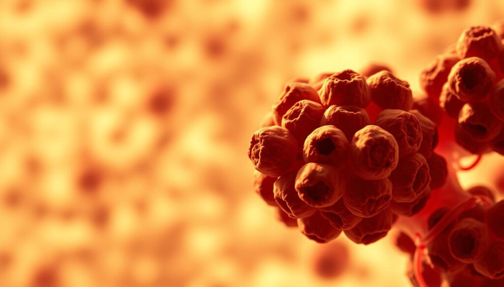 A detailed microscopic view of cancerous cells, showcasing their abnormal and uncontrolled growth. The foreground features a cluster of irregularly shaped, darkly stained cell nuclei with prominent nucleoli, indicating rapid proliferation. The middle ground depicts the chaotic arrangement of these malignant cells, breaking through healthy tissue boundaries. In the background, a softly blurred, neutral-toned cellular environment provides context, emphasizing the pathological nature of the subject. Warm, muted lighting casts subtle shadows, creating depth and a sense of clinical examination. The overall composition conveys the complexity and destructive potential of cancer at the cellular level.