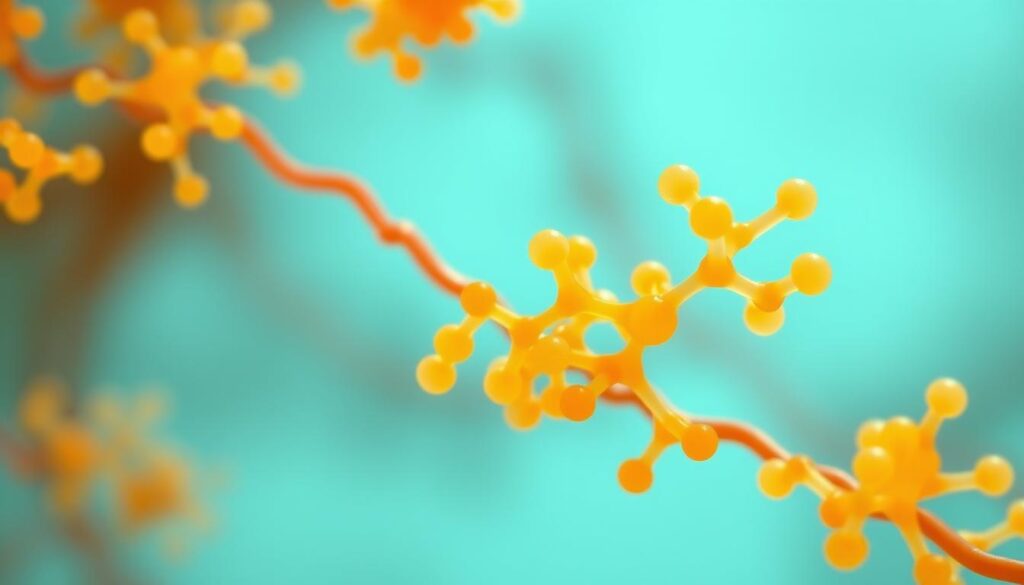A detailed microscopic view of short-chain fatty acids, the end-products of microbial fermentation in the human gut. The molecules are depicted as small, translucent curved structures in shades of yellow and orange, floating in a serene, aquamarine-tinted background. Soft, diffused lighting casts gentle shadows, highlighting the organic, molecular forms. The scene conveys a sense of scientific precision and the intricate biochemical processes supporting healthy digestion and metabolism within the microbiome. A detailed microscopic view of short-chain fatty acids, the end-products of microbial fermentation in the human gut. The molecules are depicted as small, translucent curved structures in shades of yellow and orange, floating in a serene, aquamarine-tinted background. Soft, diffused lighting casts gentle shadows, highlighting the organic, molecular forms. The scene conveys a sense of scientific precision and the intricate biochemical processes supporting healthy digestion and metabolism within the microbiome.