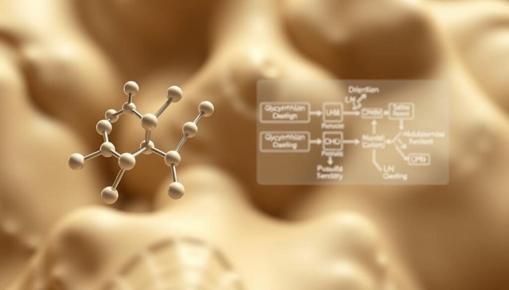 A detailed molecular diagram depicting the mechanism of action of glycyrrhizin, the active compound in licorice root. The foreground shows a structural model of the glycyrrhizin molecule, highlighting its key functional groups. The middle ground features a schematic illustration of the glycyrrhizin-induced pseudoaldosteronism pathway, with arrows and labels explaining the biochemical interactions. The background portrays a soft, muted color palette evocative of a medical textbook illustration, providing a professional, educational context. Rendered with a realistic, photorealistic style using advanced lighting and shading techniques to convey the scientific complexity of the subject matter. A detailed molecular diagram depicting the mechanism of action of glycyrrhizin, the active compound in licorice root. The foreground shows a structural model of the glycyrrhizin molecule, highlighting its key functional groups. The middle ground features a schematic illustration of the glycyrrhizin-induced pseudoaldosteronism pathway, with arrows and labels explaining the biochemical interactions. The background portrays a soft, muted color palette evocative of a medical textbook illustration, providing a professional, educational context. Rendered with a realistic, photorealistic style using advanced lighting and shading techniques to convey the scientific complexity of the subject matter.