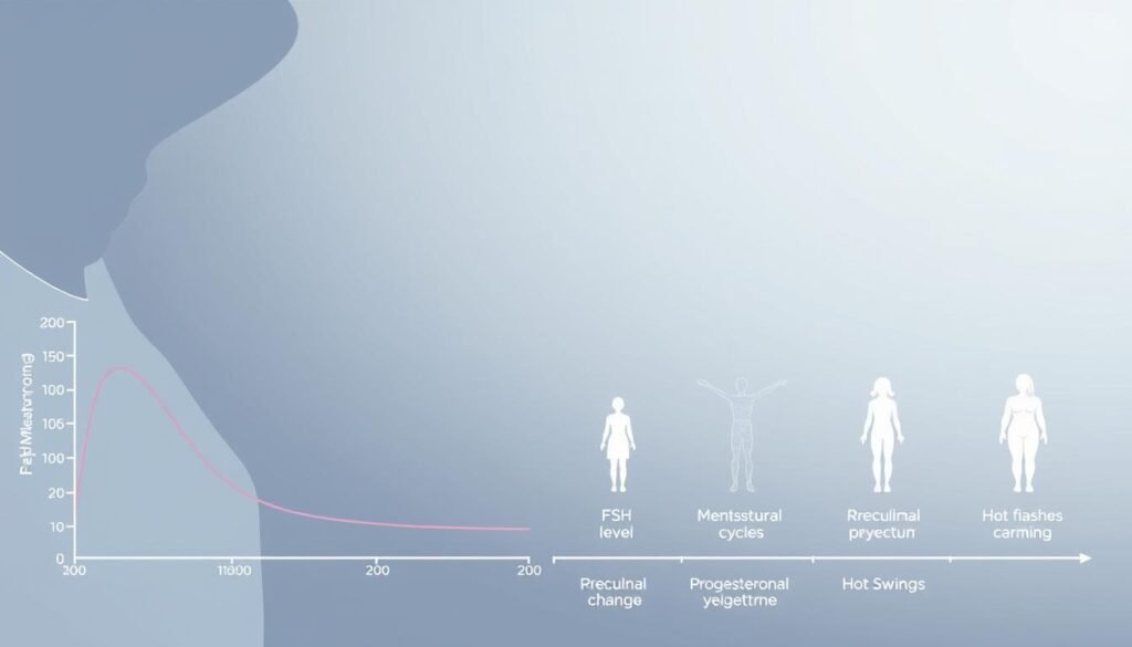 A detailed timeline depicting the gradual hormonal changes and physical symptoms of perimenopause, captured in a clean, scientific illustration. The foreground showcases a minimalist graph charting the fluctuations in estrogen, progesterone, and FSH levels over time. The middle ground features a series of simplified anatomical icons representing the corresponding physical changes, such as irregular menstrual cycles, hot flashes, and mood swings. The background displays a muted gradient, conveying a sense of calm and introspection. Rendered in a cool, neutral color palette with soft, diffused lighting to emphasize the informative nature of the image.