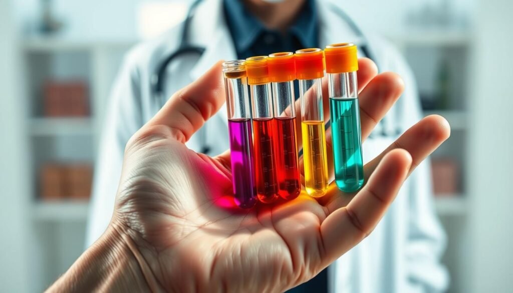 A detailed visualization of hormone levels, depicting a close-up of a human hand holding multiple test tubes filled with various colored liquids, representing the different hormones being analyzed. The hand is set against a clean, clinical backdrop, with a blurred medical laboratory or doctor's office in the background, conveying a sense of scientific inquiry and personal health monitoring. Crisp lighting from the side casts dramatic shadows, emphasizing the dimensional nature of the test tubes and the texture of the skin. The overall mood is one of precision, introspection, and the importance of understanding one's own physiological state.