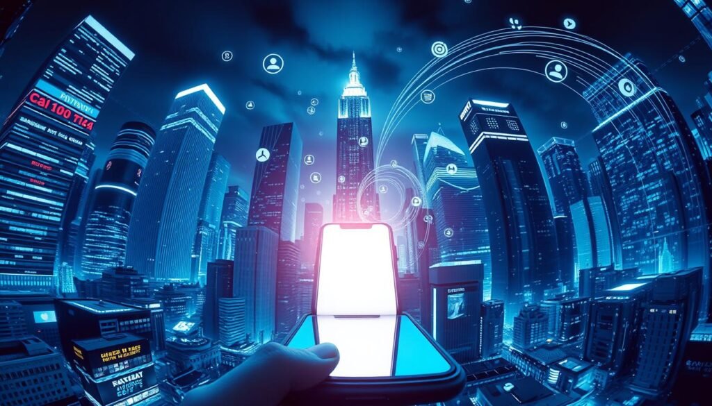 A digital cityscape with towering skyscrapers representing the monolithic presence of social media platforms. In the foreground, a glowing smartphone screen dominates the scene, its alluring glow drawing the viewer's attention. Swirling data streams and abstract icons surround the device, symbolizing the constant flow of information and notifications that flood the brain's reward system. The scene is bathed in a cool, blue-tinted lighting, evoking the clinical, addictive nature of modern technology. A fish-eye lens distorts the perspective, creating a sense of disorientation and overwhelming scale. The overall mood is one of techno-dystopia, reflecting the powerful hold that social media has on the modern psyche.