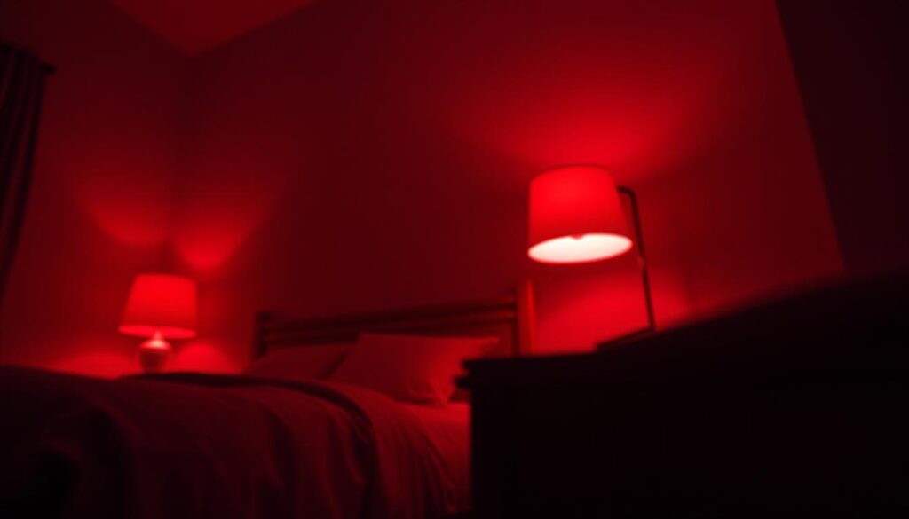 A dimly lit bedroom at night, the only illumination coming from a warm, glowing red lamp casting a soft, ambient light across the space. The lamp's bulb has a deep, rich crimson hue, creating a serene and soothing atmosphere. The light spills out from the lamp, casting gentle shadows and highlights on the surrounding furniture and walls, evoking a sense of tranquility. The camera angle is low, capturing the lamp's subtle radiance from a relaxed, eye-level perspective. The overall mood is one of calm and relaxation, hinting at the sleep-promoting benefits of red light exposure in the evening.